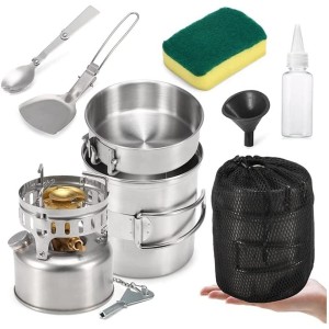 LKYBOA Camping Cookware Mess Kit avec cuisinière à Essence Cuisson Pot Poop Pan Spork Scoop Nettoyage Éponge Bouteille d'huile - BD4NWUCAA