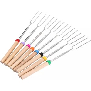 Sunil Lot de 8 fourchettes à rôtir télescopiques en acier inoxydable avec manche en bois pour la maison la cuisine le barbecue colorés - BQK8JTGWO