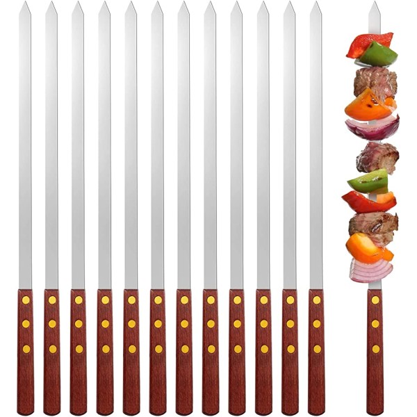 Lot de 12 brochettes à kebab fines en acier inoxydable de 1,1 cm de large avec poignée en bois pour la fête des pères 45 cm - B69W9OHUU