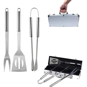 Outil d'ustensiles de cuisine pour barbecue 3 pièces ensemble d'outils de barbecue en acier inoxydable comprenant des pinces une spatule une fourchette avec un étui de transport en aluminium pour - B5MJ2CYKO