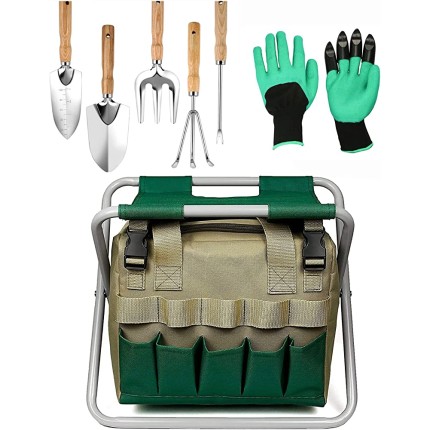 Botanio Ensemble de 5 outils de jardinage avec gants et sac de rangement pour le jardin Sac fourre-tout et siège Meilleur kit de rangement pour outils de jardin - BA34QOHYN