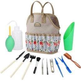 Garden Succulent Kit de 14 outils de jardinage à la main avec sac d'organisateur d'intérieur et mini outils pour bonsaï Planter Miniature Fairy Planting Care.Rose - B41N3XQQI