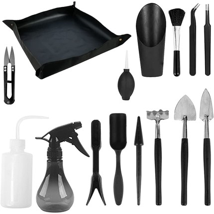 Kit d'outils pour plantes grasses 14 mini outils de jardin à main + 1 tapis de rempotage râteau pour plantes d'intérieur outils à main de jardinage noir - BNQJNDKYI