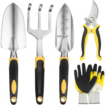 Mowaway Lot de 5 outils de jardinage Pelle râteau gants têtes en fonte d'aluminium ergonomiques Repiqueuse Kit d'outils de jardin à main - BDJ57XPJW