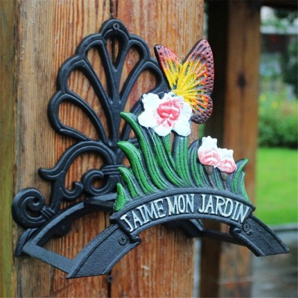 Lisansang Support de Tuyau en Fer Tuyau d'eau détient Rack Antique Garden Yard décoratif en Fonte Tuyau Crochet Crochet Mur Papillon Tuyau Hanger Reel avec Signe de Bienvenue - B36EDEHRL